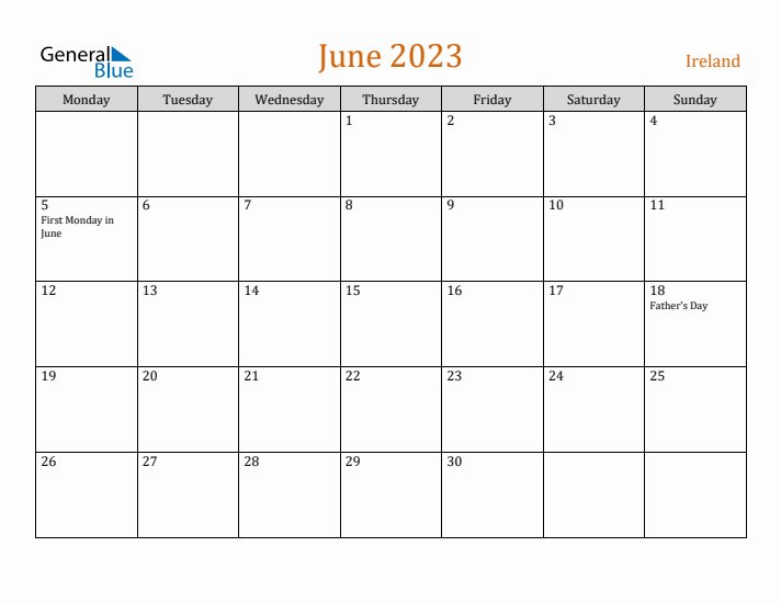 June 2023 Holiday Calendar with Monday Start