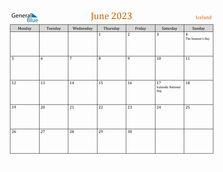 June 2023 Holiday Calendar with Monday Start