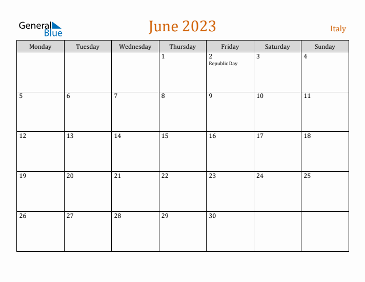 June 2023 Holiday Calendar with Monday Start