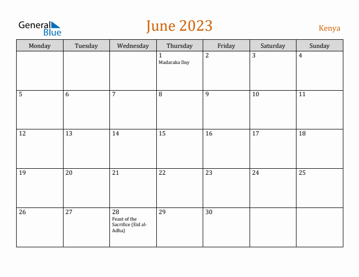 June 2023 Holiday Calendar with Monday Start