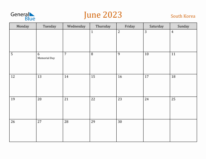 June 2023 Holiday Calendar with Monday Start