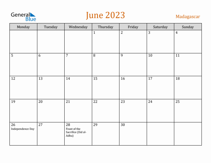 June 2023 Holiday Calendar with Monday Start