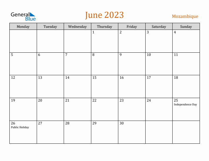 June 2023 Holiday Calendar with Monday Start