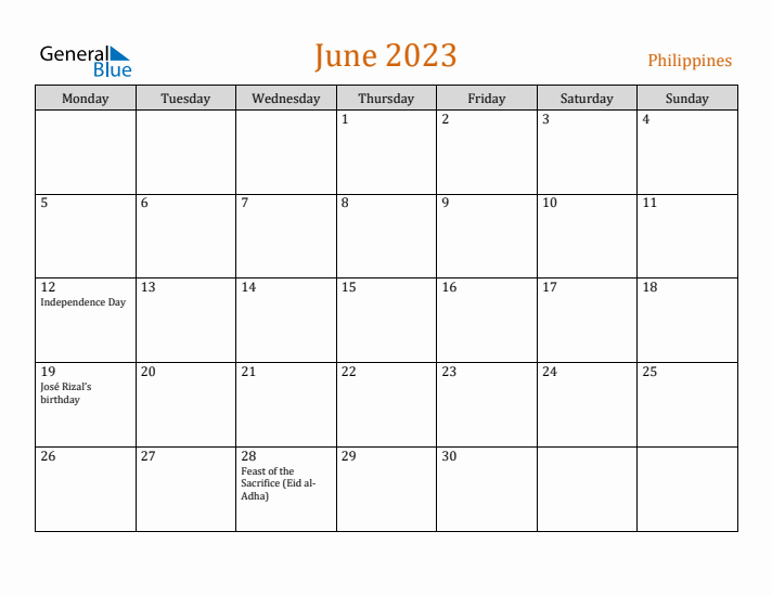 June 2023 Holiday Calendar with Monday Start