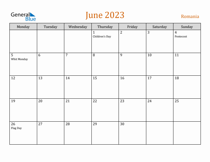 June 2023 Holiday Calendar with Monday Start