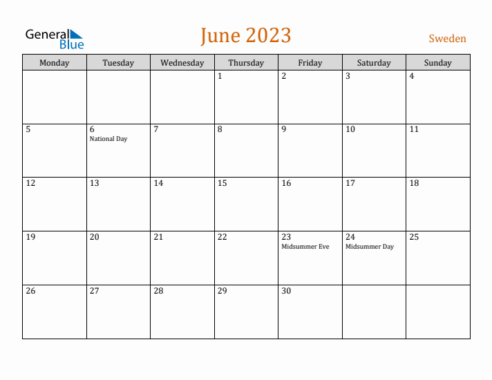 June 2023 Holiday Calendar with Monday Start