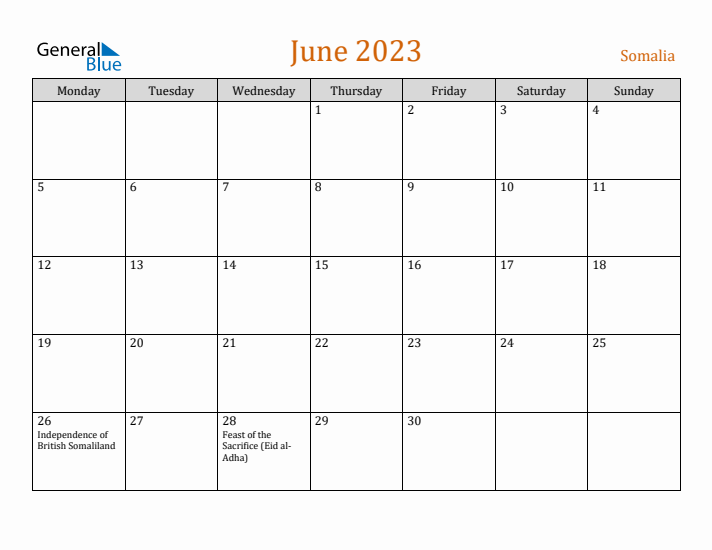 June 2023 Holiday Calendar with Monday Start