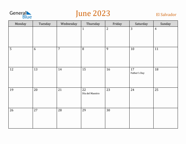 June 2023 Holiday Calendar with Monday Start