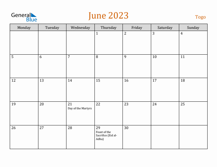 June 2023 Holiday Calendar with Monday Start