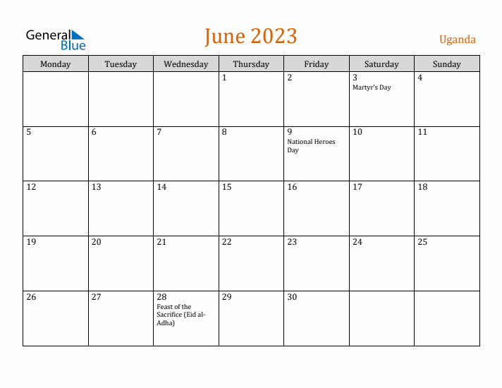 June 2023 Holiday Calendar with Monday Start