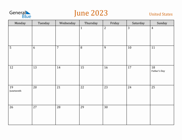 June 2023 Holiday Calendar with Monday Start