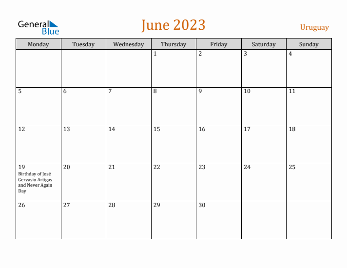 June 2023 Holiday Calendar with Monday Start