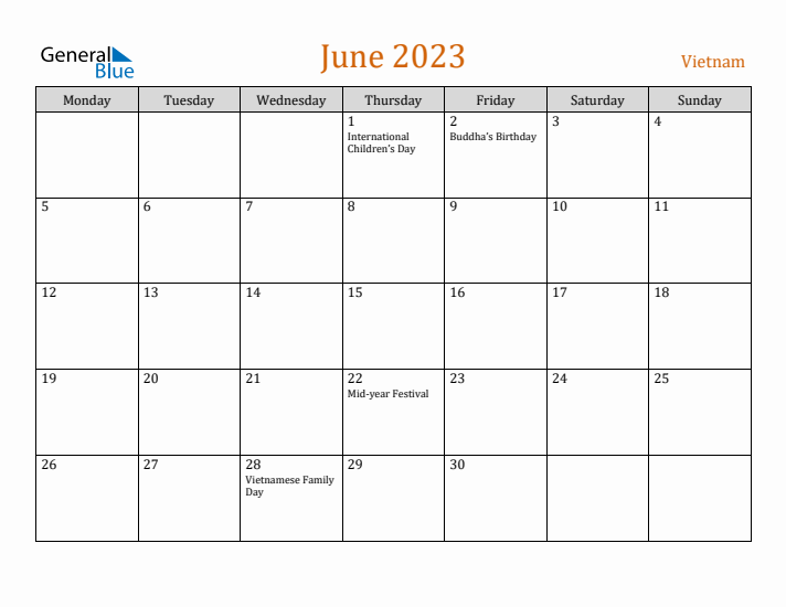 June 2023 Holiday Calendar with Monday Start