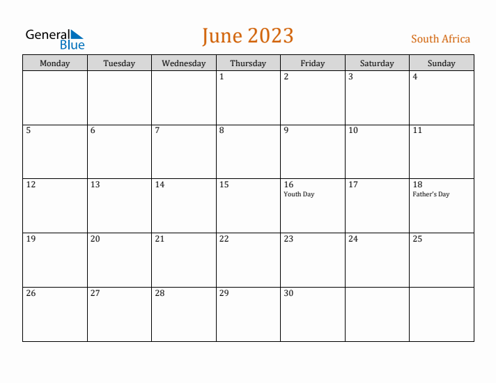 June 2023 Holiday Calendar with Monday Start