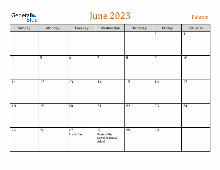 June 2023 Holiday Calendar with Sunday Start