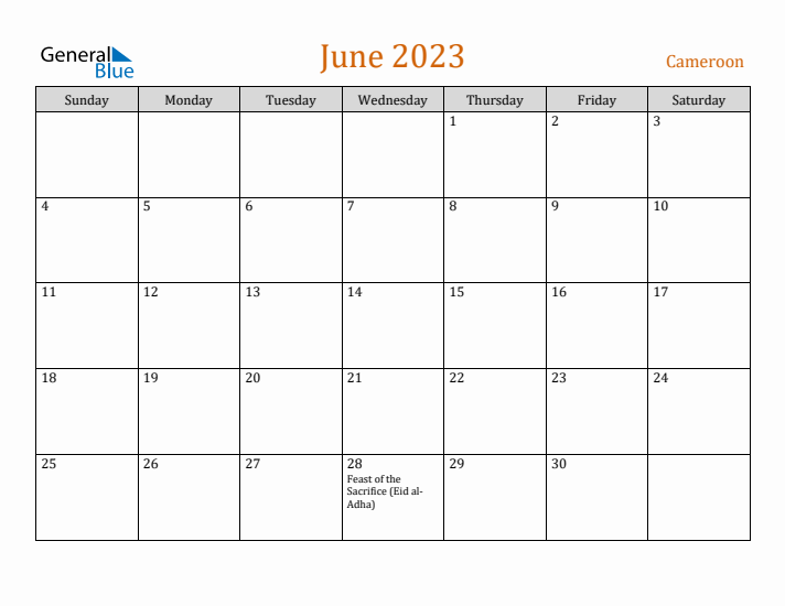 June 2023 Holiday Calendar with Sunday Start