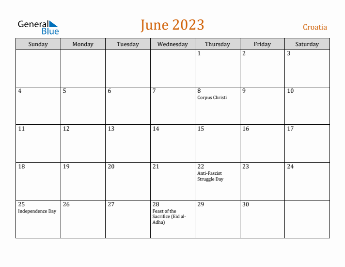 June 2023 Holiday Calendar with Sunday Start