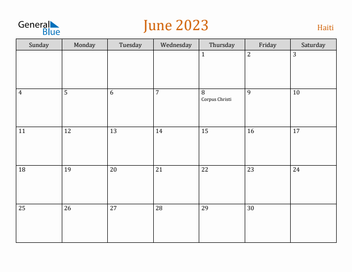 June 2023 Holiday Calendar with Sunday Start