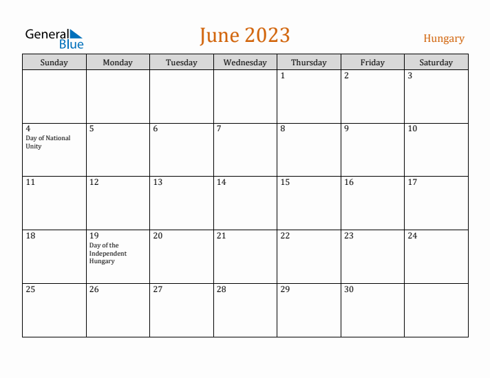 June 2023 Holiday Calendar with Sunday Start