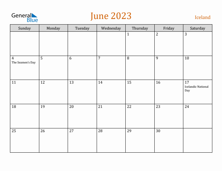 June 2023 Holiday Calendar with Sunday Start