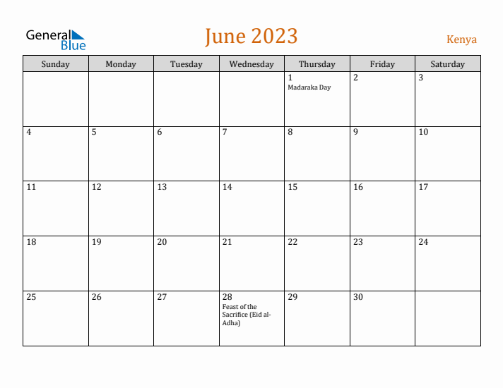 June 2023 Holiday Calendar with Sunday Start