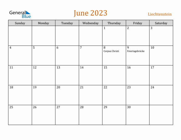 June 2023 Holiday Calendar with Sunday Start