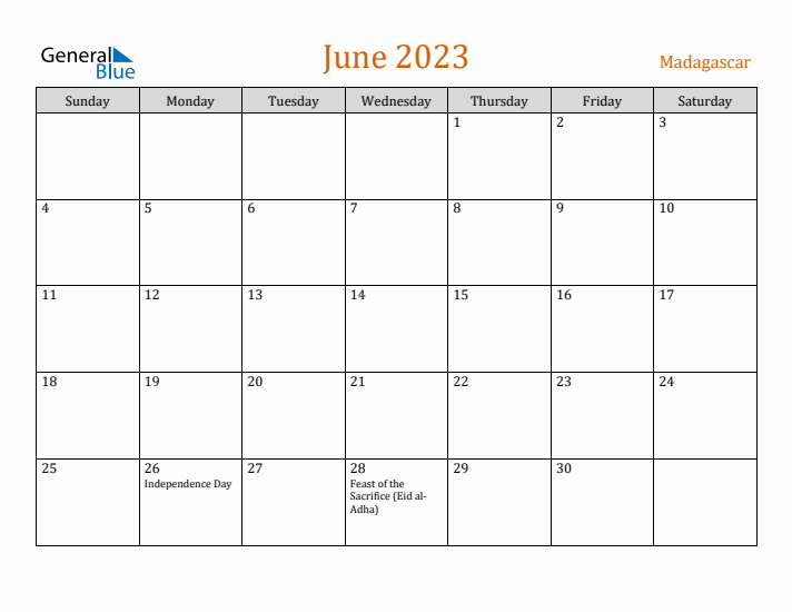 June 2023 Holiday Calendar with Sunday Start