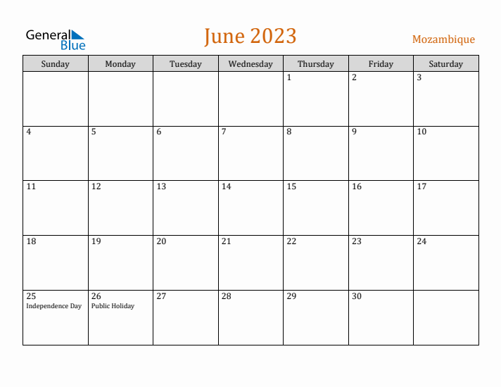 June 2023 Holiday Calendar with Sunday Start