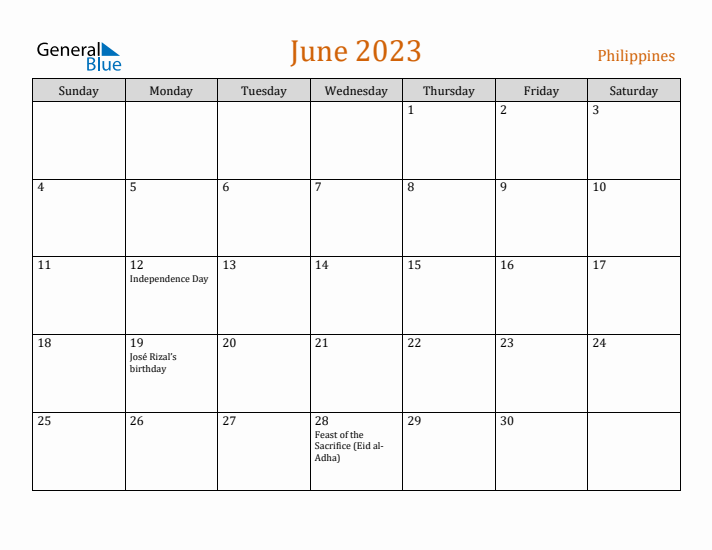 June 2023 Holiday Calendar with Sunday Start