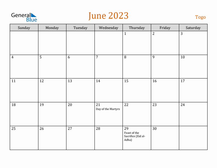 June 2023 Holiday Calendar with Sunday Start