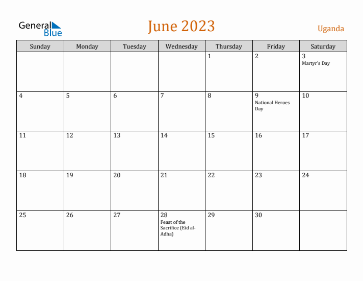 June 2023 Holiday Calendar with Sunday Start