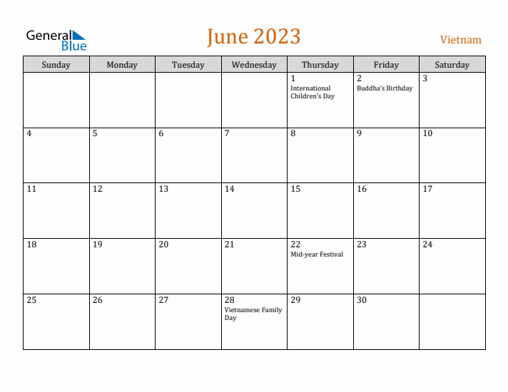 June 2023 Holiday Calendar with Sunday Start