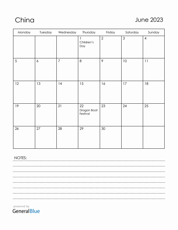 June 2023 China Calendar with Holidays (Monday Start)