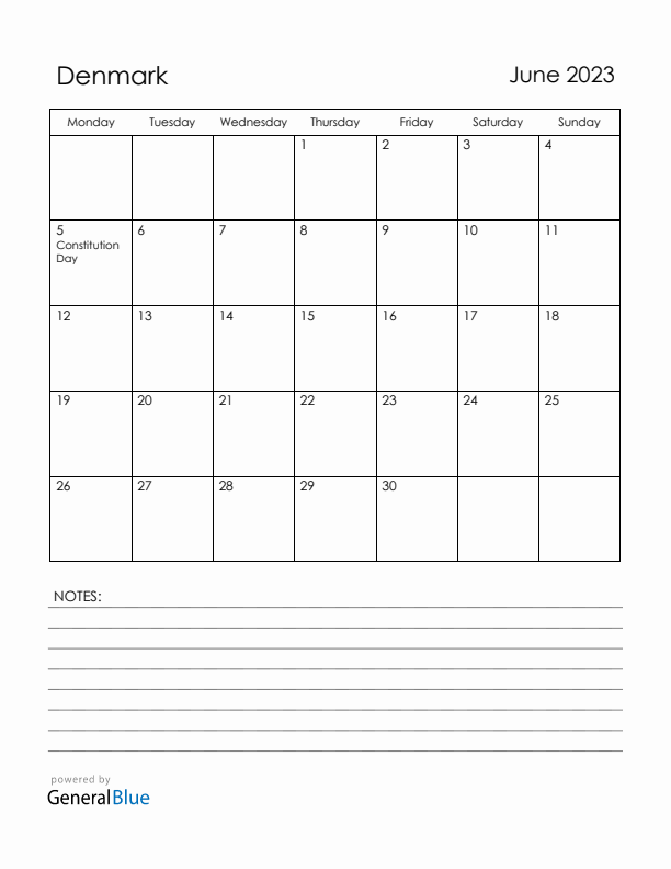 June 2023 Denmark Calendar with Holidays (Monday Start)