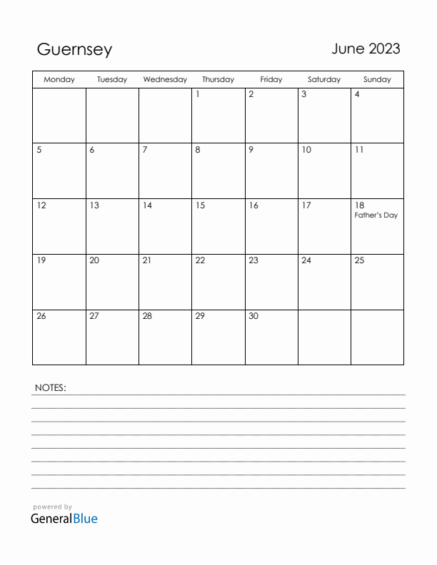 June 2023 Guernsey Calendar with Holidays (Monday Start)