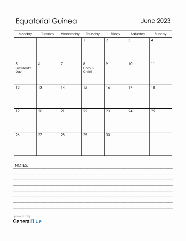 June 2023 Equatorial Guinea Calendar with Holidays (Monday Start)