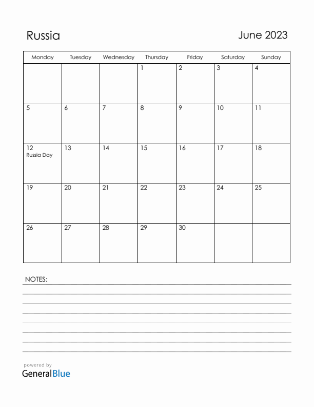 June 2023 Russia Calendar with Holidays (Monday Start)
