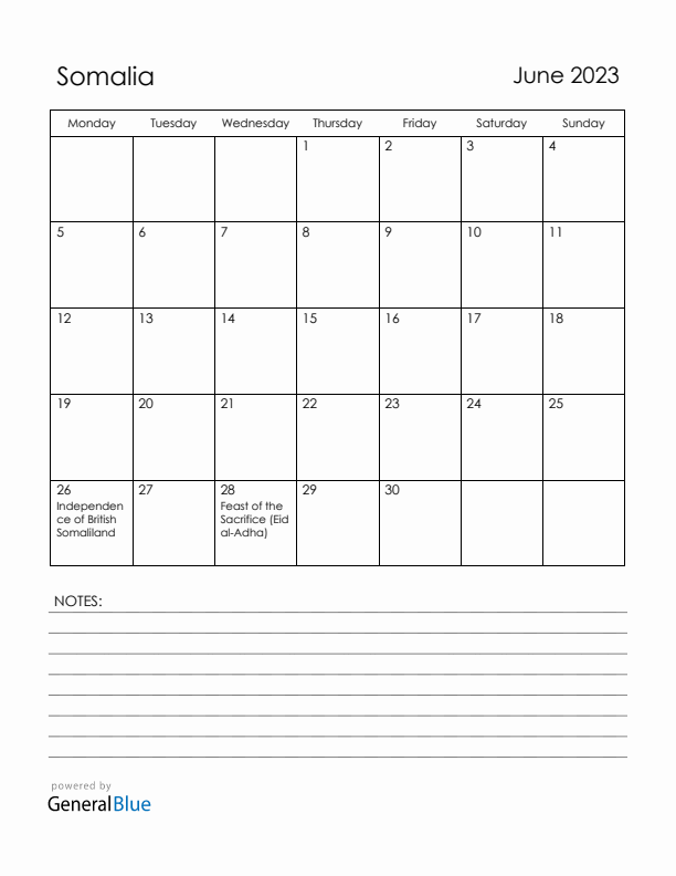 June 2023 Somalia Calendar with Holidays (Monday Start)