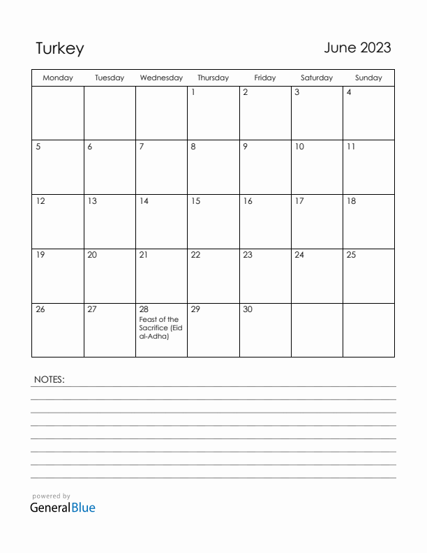 June 2023 Turkey Calendar with Holidays (Monday Start)