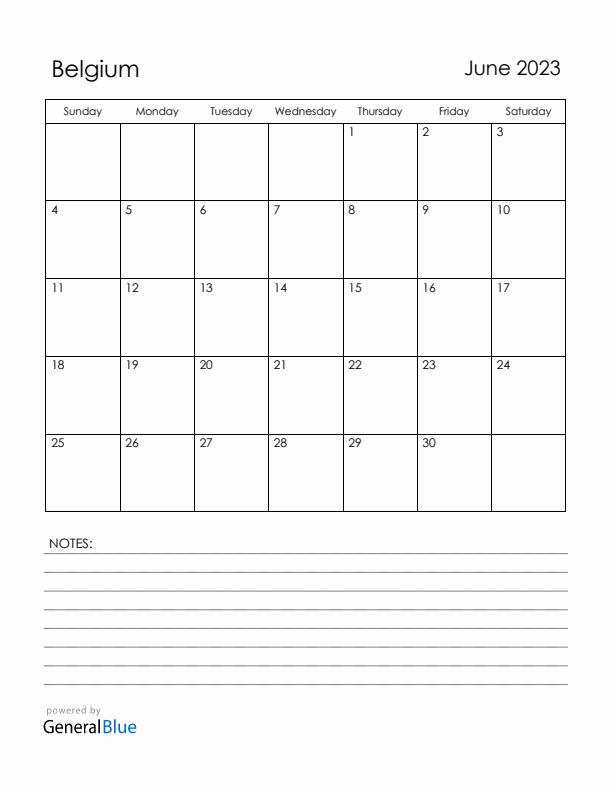 June 2023 Belgium Calendar with Holidays (Sunday Start)