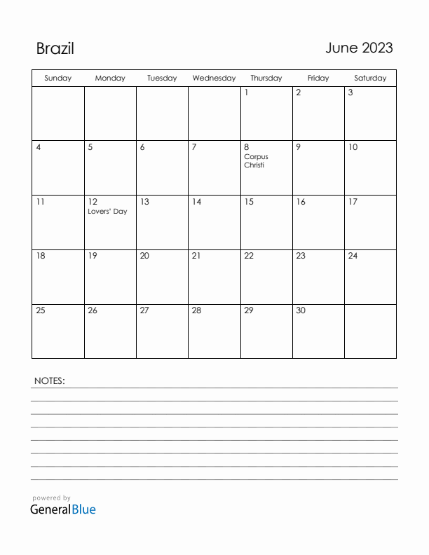 June 2023 Brazil Calendar with Holidays (Sunday Start)