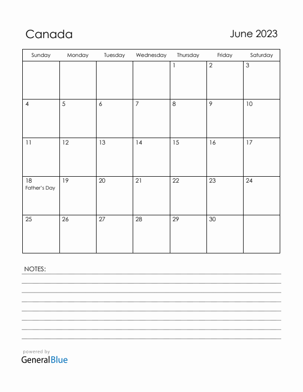 June 2023 Canada Calendar with Holidays (Sunday Start)