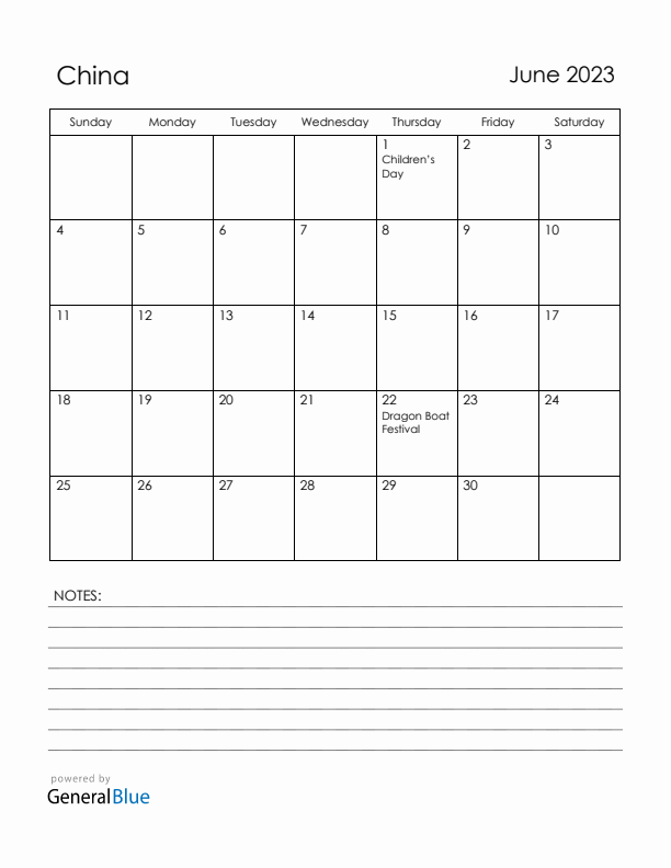 June 2023 China Calendar with Holidays (Sunday Start)