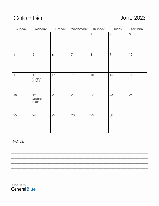 June 2023 Colombia Calendar with Holidays (Sunday Start)