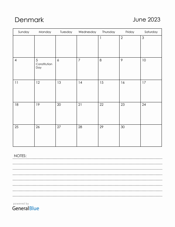 June 2023 Denmark Calendar with Holidays (Sunday Start)
