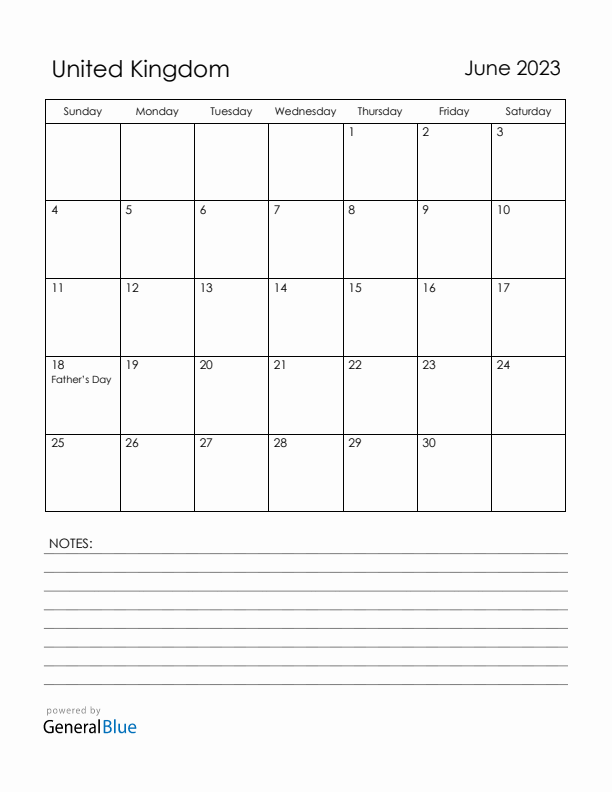 June 2023 United Kingdom Calendar with Holidays (Sunday Start)