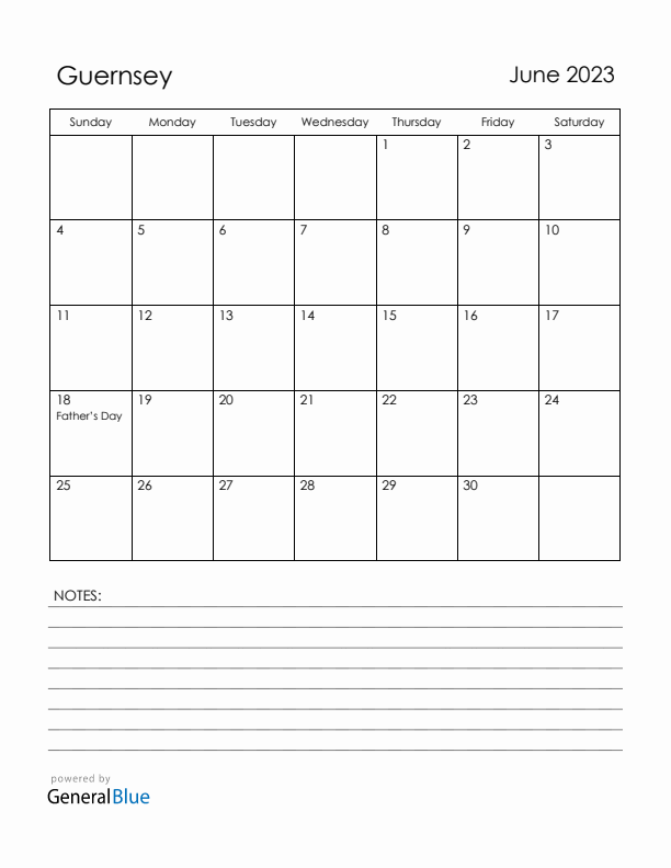 June 2023 Guernsey Calendar with Holidays (Sunday Start)