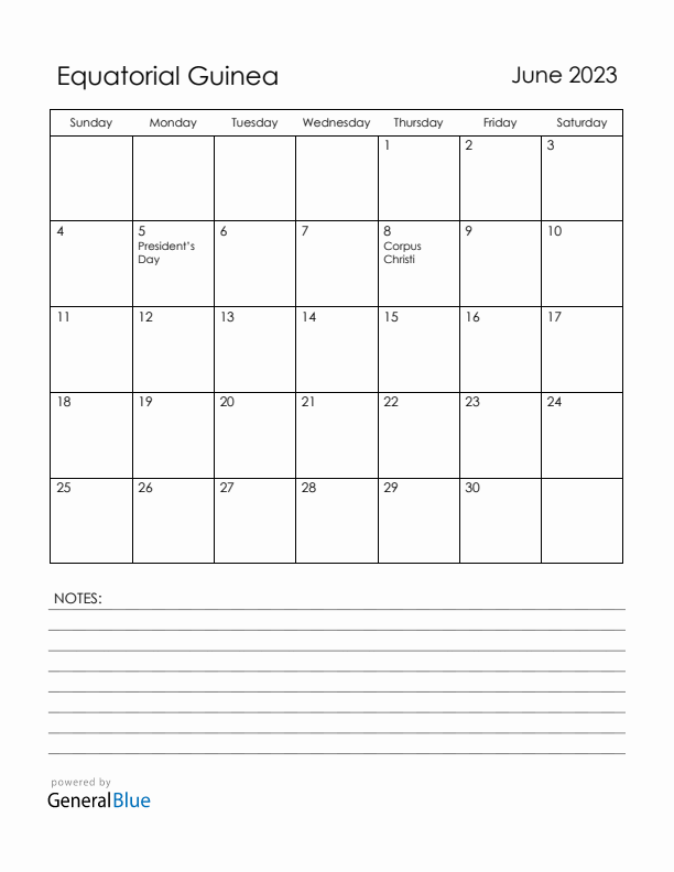 June 2023 Equatorial Guinea Calendar with Holidays (Sunday Start)