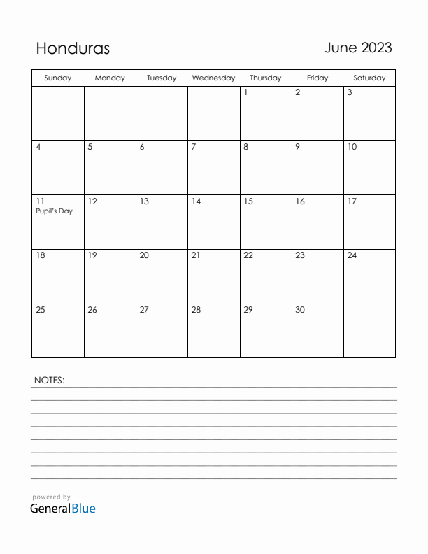 June 2023 Honduras Calendar with Holidays (Sunday Start)