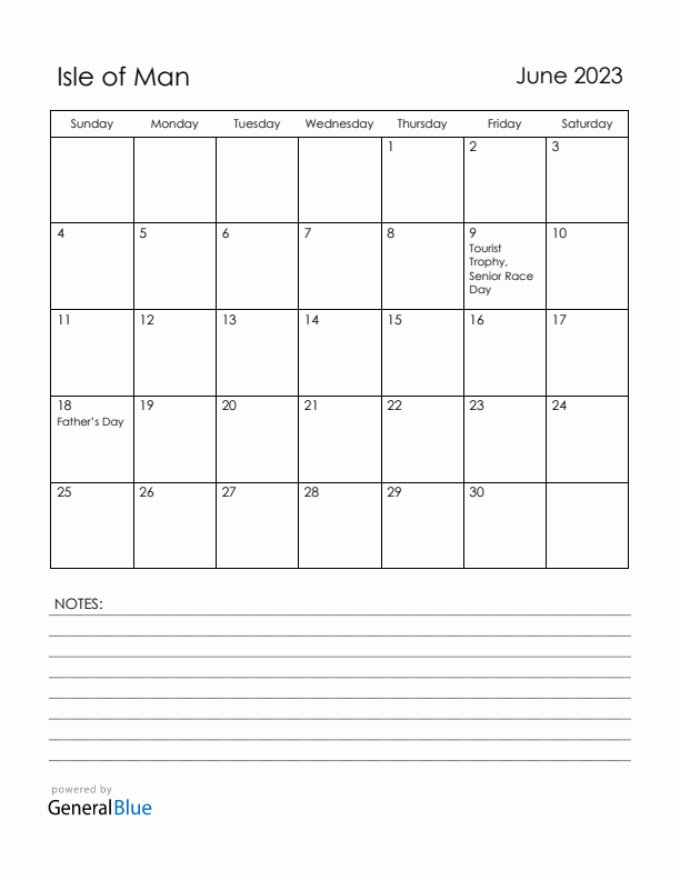 June 2023 Isle of Man Calendar with Holidays (Sunday Start)